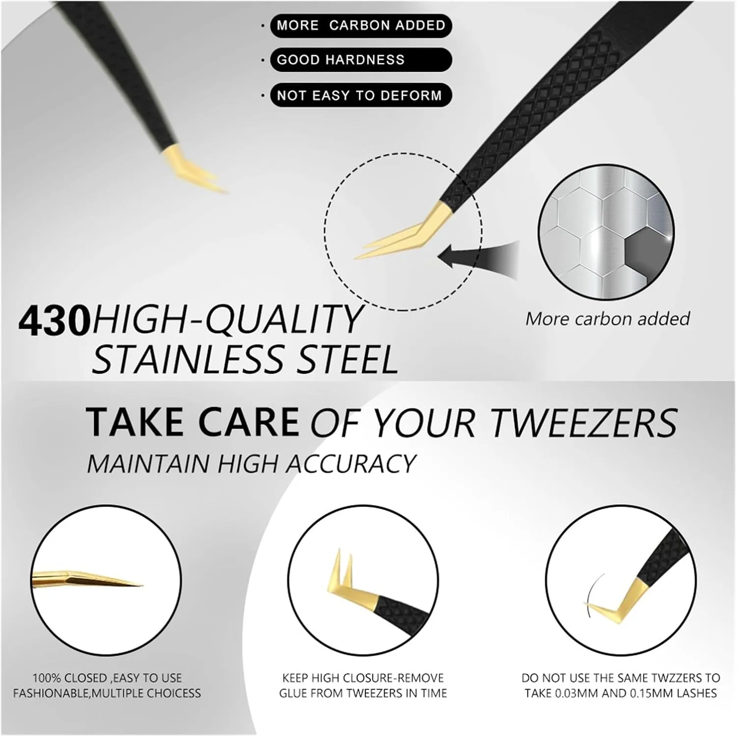 Eyelash Tweezer Black Stainless Steel Superhard Precision Anti-Static Tweezers Grafting Lashes Extension Supplies Makeup Tools(11)