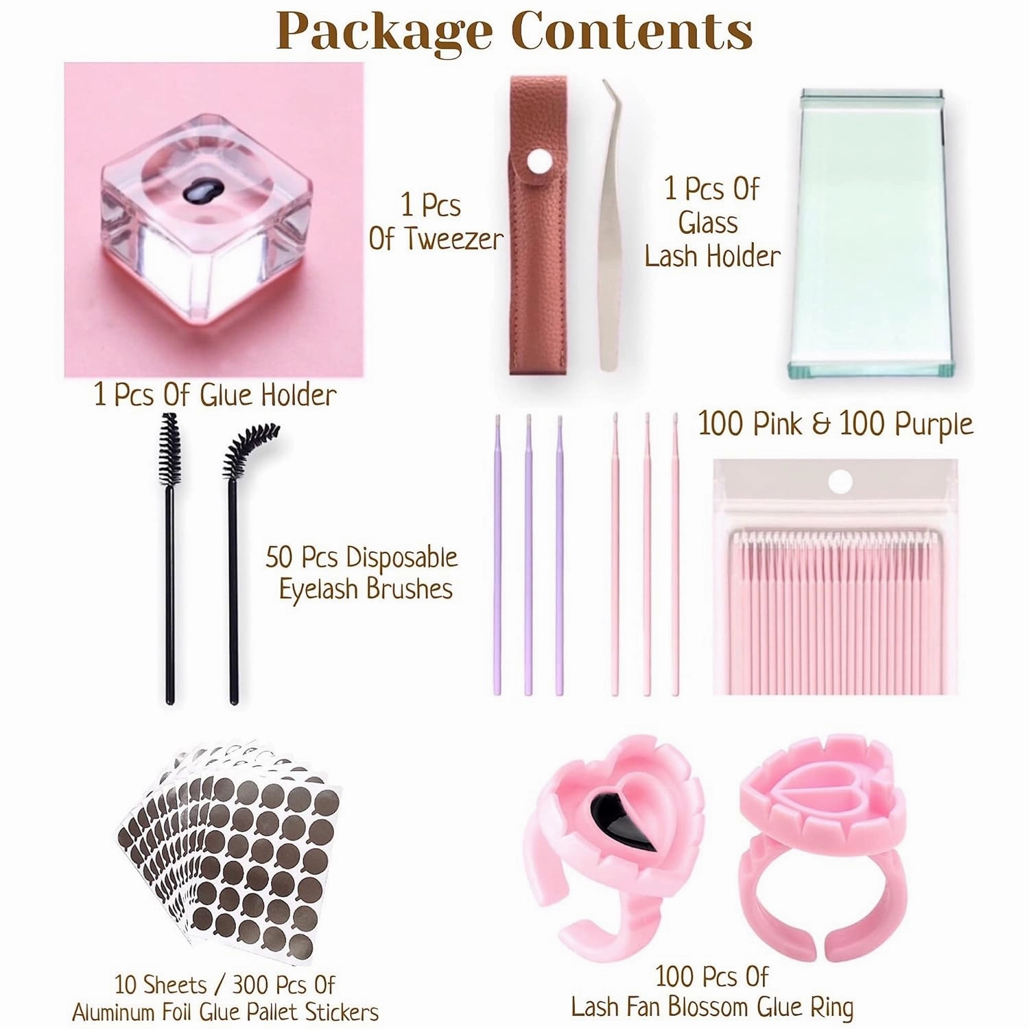 Eyelash Extension Supplies Kit, Curved Pointed Tweezer, Crystal Glass Lashes Glue Holder, Lashes Tray, Eyelash Brushes, Micro Applicators Brush, Aluminum Foil Glue Pallet Sticker, Glue Rings, Set-E