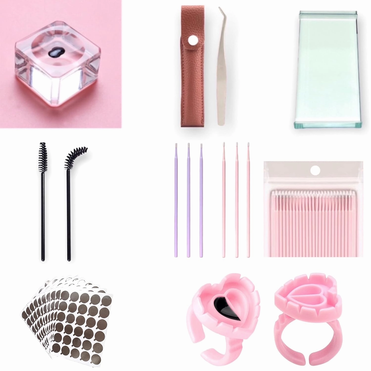 Eyelash Extension Supplies Kit, Curved Pointed Tweezer, Crystal Glass Lashes Glue Holder, Lashes Tray, Eyelash Brushes, Micro Applicators Brush, Aluminum Foil Glue Pallet Sticker, Glue Rings, Set-E