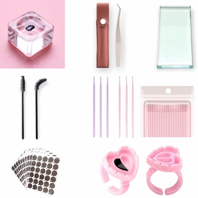 Eyelash Extension Supplies Kit, Curved Pointed Tweezer, Crystal Glass Lashes Glue Holder, Lashes Tray, Eyelash Brushes, Micro Applicators Brush, Aluminum Foil Glue Pallet Sticker, Glue Rings, Set-E