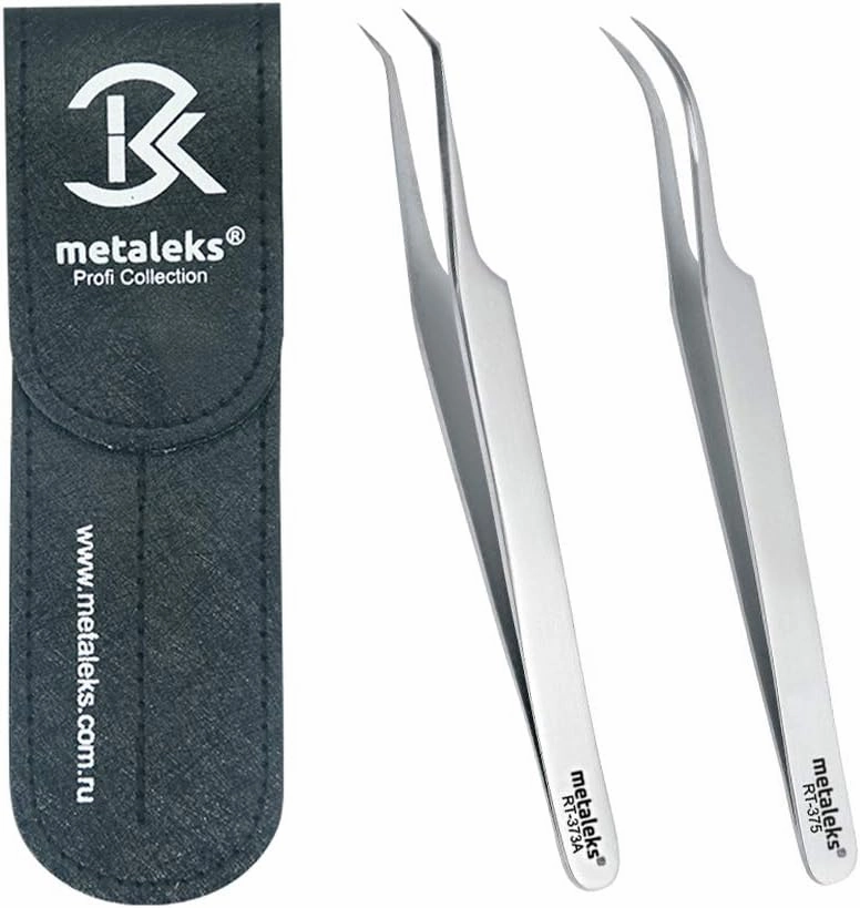 Eyelash Extension Tweezer with Straight and Curved Tip With Black Double Tweezer Magnetic Pouch