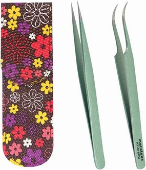 Eyelash Extension Tweezer with Straight and Curved Tip With Double Tweezer Magnetic Pouch (Metallic light Green Powder Coated)