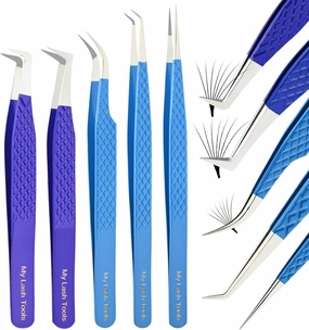 Eyelash Extension Tweezers set Fiber Tip Lash Tweezers for Lash Extensions Precision Boot Volume Eye lash Extensions Tweezers Steel Curved Isolation Tweezer fiber grip tweezers (5pcs)