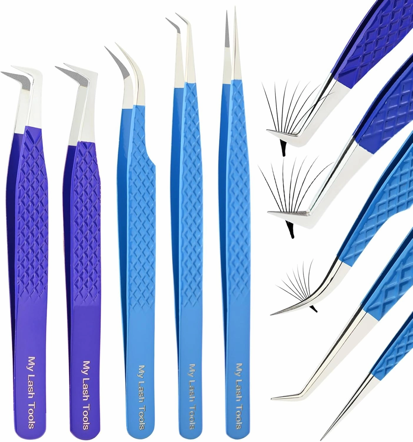 Eyelash Extension Tweezers set Fiber Tip Lash Tweezers for Lash Extensions Precision Boot Volume Eye lash Extensions Tweezers Steel Curved Isolation Tweezer fiber grip tweezers (5pcs)