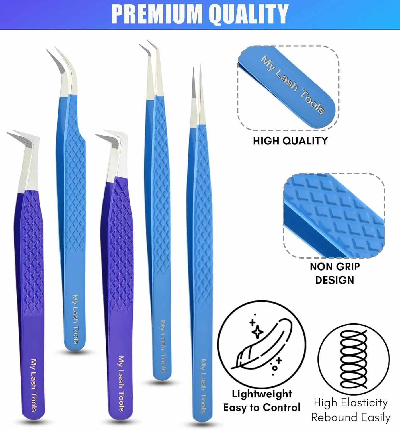 Eyelash Extension Tweezers set Fiber Tip Lash Tweezers for Lash Extensions Precision Boot Volume Eye lash Extensions Tweezers Steel Curved Isolation Tweezer fiber grip tweezers (5pcs)