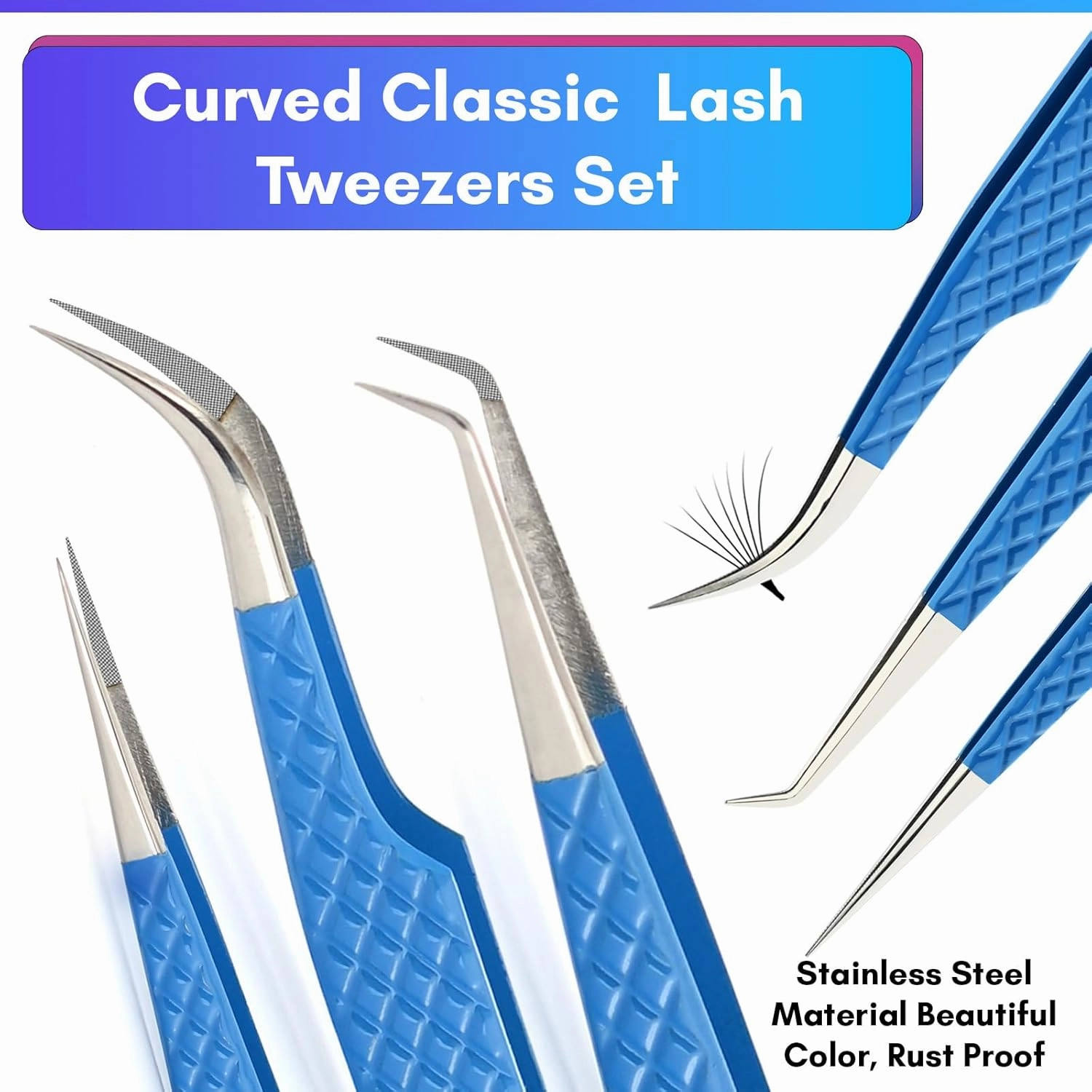 Eyelash Extension Tweezers set Fiber Tip Lash Tweezers for Lash Extensions Precision Boot Volume Eye lash Extensions Tweezers Steel Curved Isolation Tweezer fiber grip tweezers (5pcs)