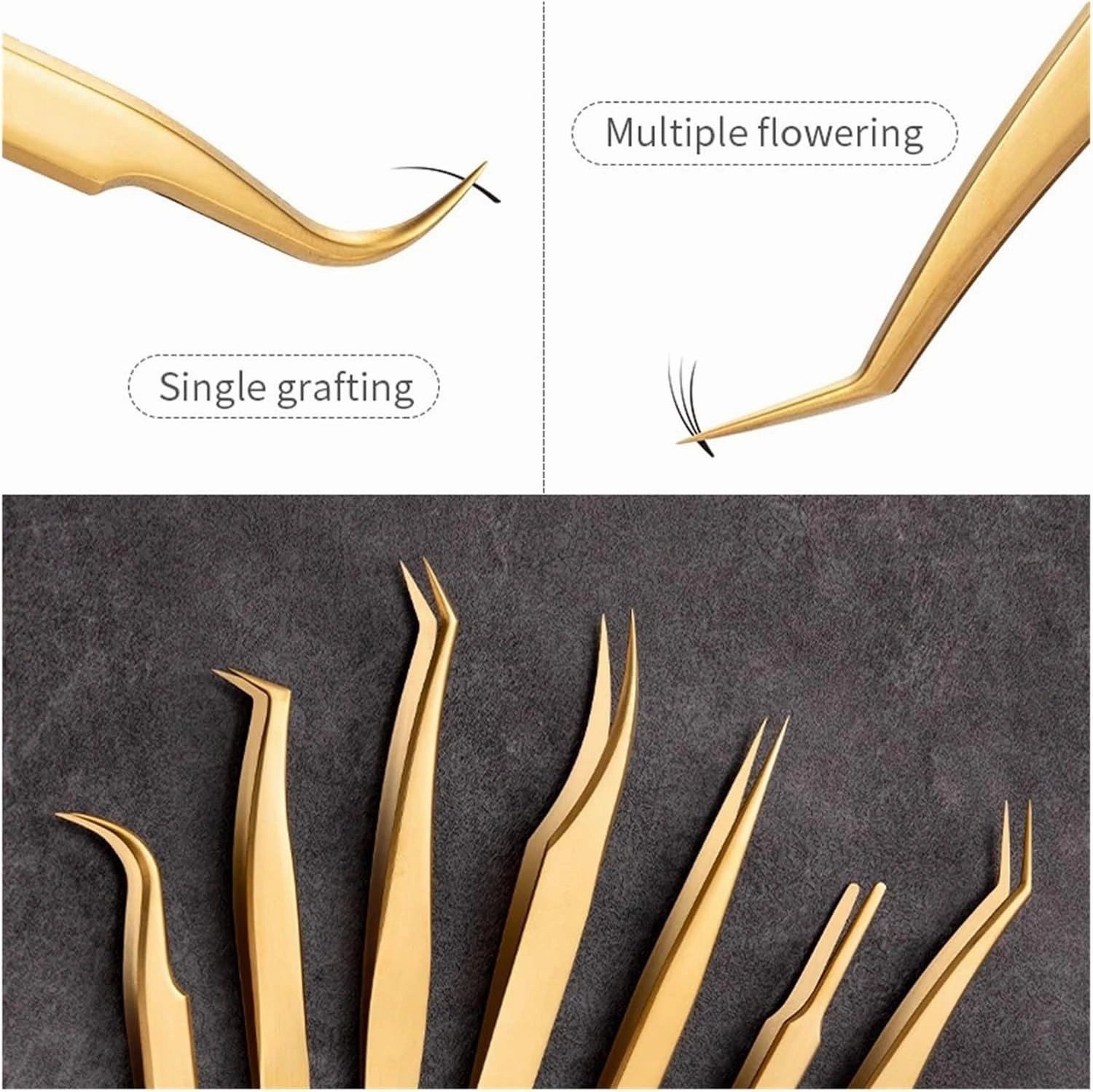 Eyelash Tweezer For False Eyelash Extension Lash Fan Eyebrows Nail Art Clip Cilia Gold Stainless Steel Tweezers Makeup Tools(Tweezers E)