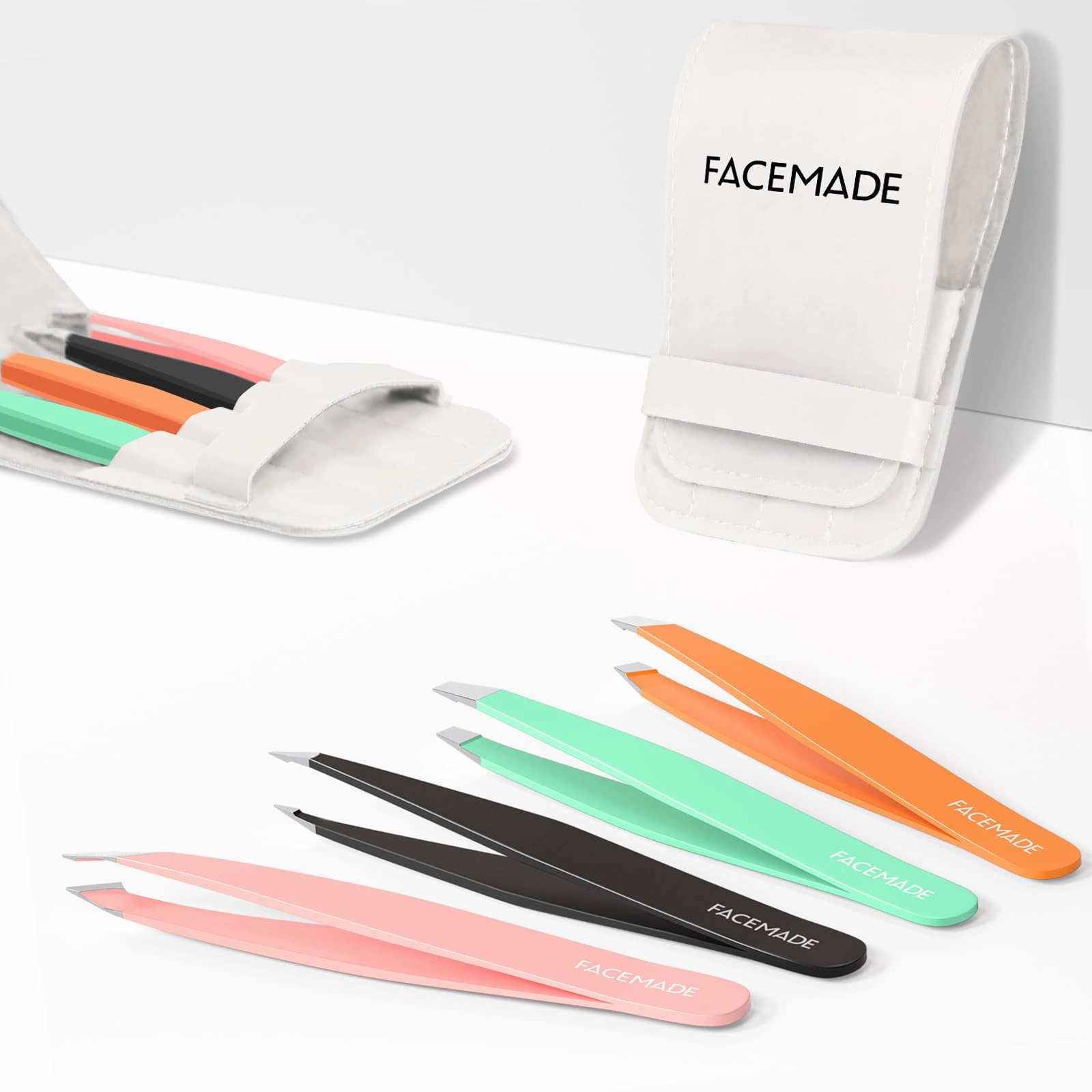 FACEMADE 4 Pack Tweezers Set - Professional Stainless Steel Tweezers for Men and Women, Precision Eyebrow Tweezers for Facial Hair, Chin, and Ingrown Hair Removal (Green, Orange, Black & Pink)