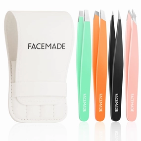 FACEMADE 4 Pack Tweezers Set - Professional Stainless Steel Tweezers for Men and Women, Precision Eyebrow Tweezers for Facial Hair, Chin, and Ingrown Hair Removal (Green, Orange, Black & Pink)
