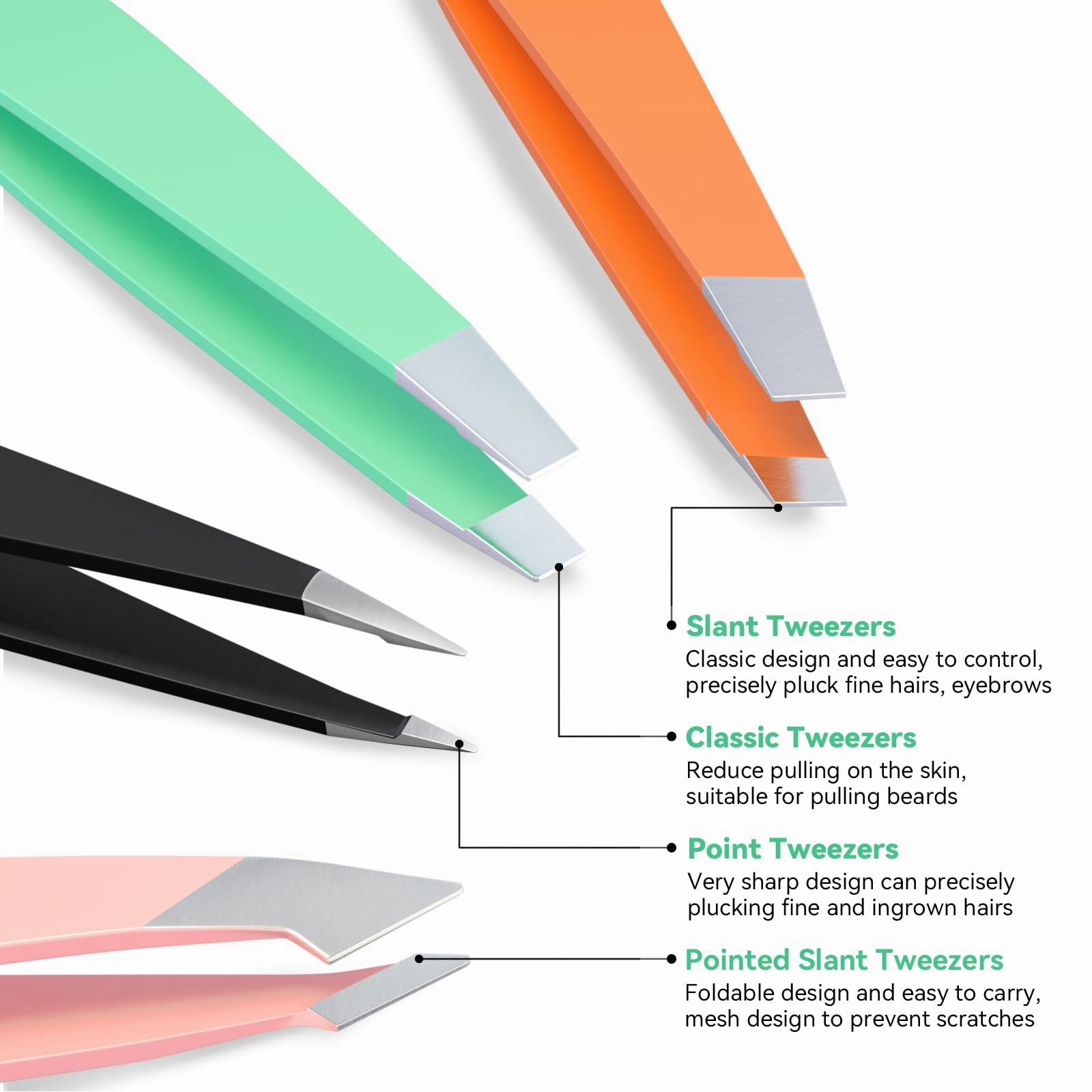 FACEMADE 4 Pack Tweezers Set - Professional Stainless Steel Tweezers for Men and Women, Precision Eyebrow Tweezers for Facial Hair, Chin, and Ingrown Hair Removal (Green, Orange, Black & Pink)