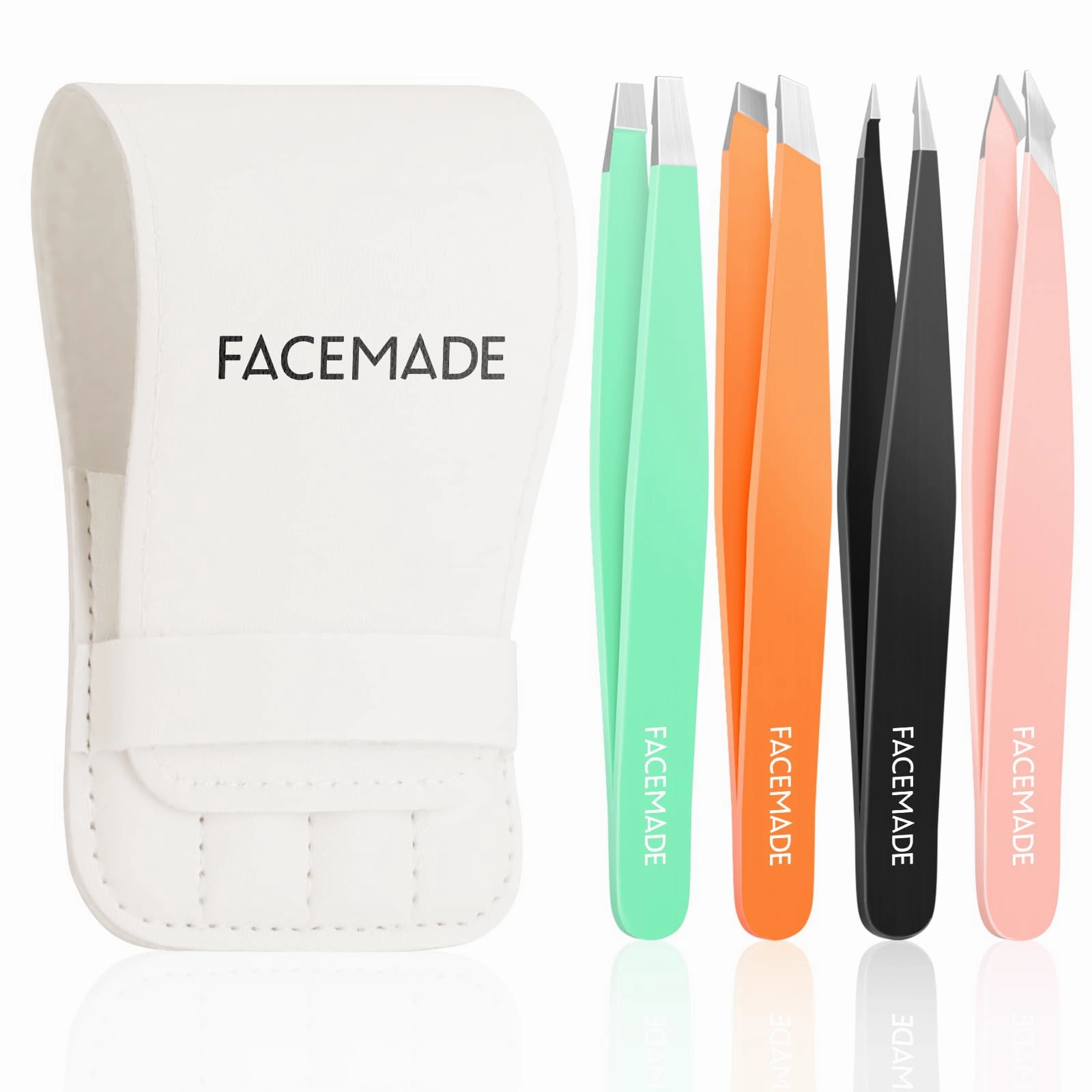 FACEMADE 4 Pack Tweezers Set - Professional Stainless Steel Tweezers for Men and Women, Precision Eyebrow Tweezers for Facial Hair, Chin, and Ingrown Hair Removal (Green, Orange, Black & Pink)