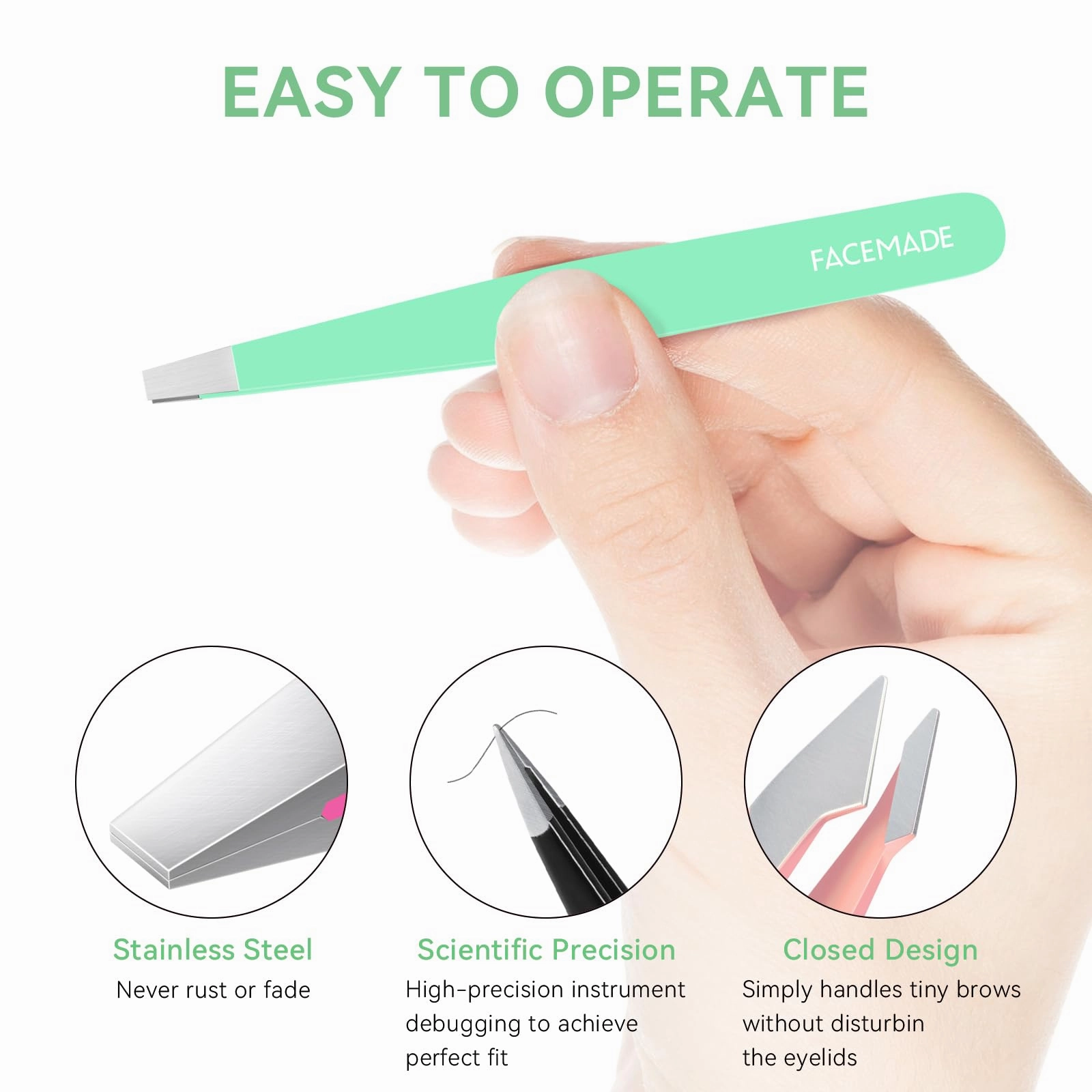 FACEMADE 4 Pack Tweezers Set - Professional Stainless Steel Tweezers for Men and Women, Precision Eyebrow Tweezers for Facial Hair, Chin, and Ingrown Hair Removal (Green, Orange, Black & Pink)