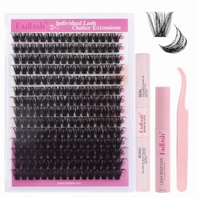 FADLASH Lash Extension DIY Kit Lash Clusters D Curl Cluster Lashes with Lash Bond and Seal Cluster Lashes Glue Remover Lash Tweezers for DIY Eyelash Extension at Home（Kit 100D-0.07D-12-18MIX）, black