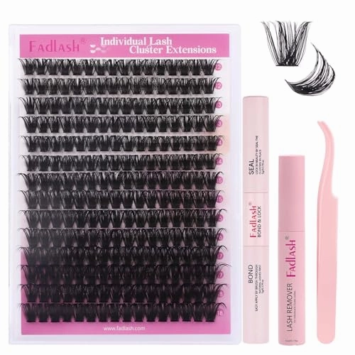 FADLASH Lash Extension DIY Kit Lash Clusters D Curl Cluster Lashes with Lash Bond and Seal Cluster Lashes Glue Remover Lash Tweezers for DIY Eyelash Extension at Home（Kit 100D-0.07D-12-18MIX）, black