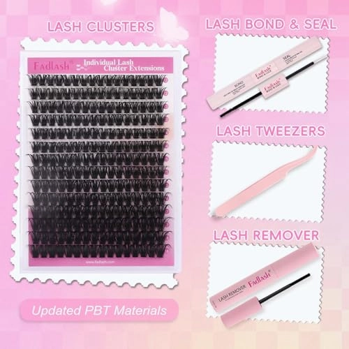 FADLASH Lash Extension DIY Kit Lash Clusters D Curl Cluster Lashes with Lash Bond and Seal Cluster Lashes Glue Remover Lash Tweezers for DIY Eyelash Extension at Home（Kit 100D-0.07D-12-18MIX）, black