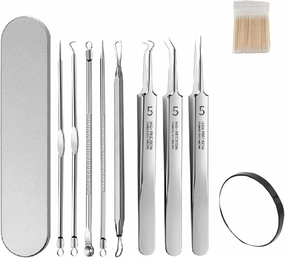 Fecong Stainless Steel Blackhead Removal Kit, Fecong Tweezers(3 Tweezers), Ascoly Tweezer, Precision Craft Lash Extractor, Fine Tip Curved Jewelry Tweezer, Blackhead Removal Tool Set (8PC)