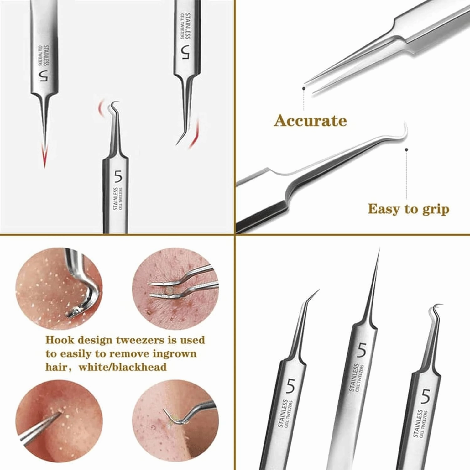 Fecong Stainless Steel Blackhead Removal Kit, Fecong Tweezers(3 Tweezers), Ascoly Tweezer, Precision Craft Lash Extractor, Fine Tip Curved Jewelry Tweezer, Blackhead Removal Tool Set (8PC)