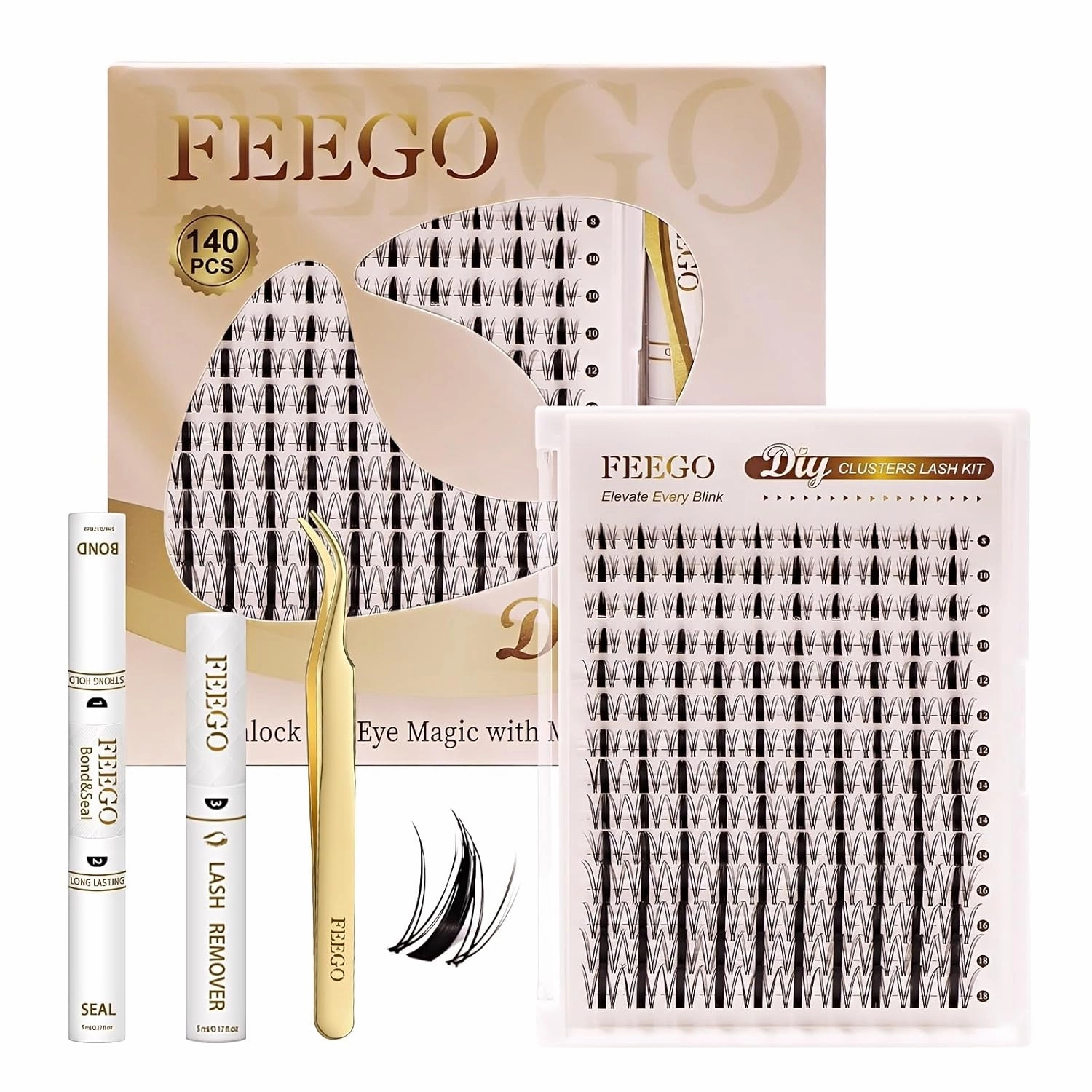 FEEGO Natural Lash Extension Kit 168Pcs Lash Clusters Kit Wispy Eyelash Extensions Individual Lashes Extensions with Bond and Seal Lash Glue and Eyelash Extension Tweezers DIY (MAGIC GIRL KIT A)