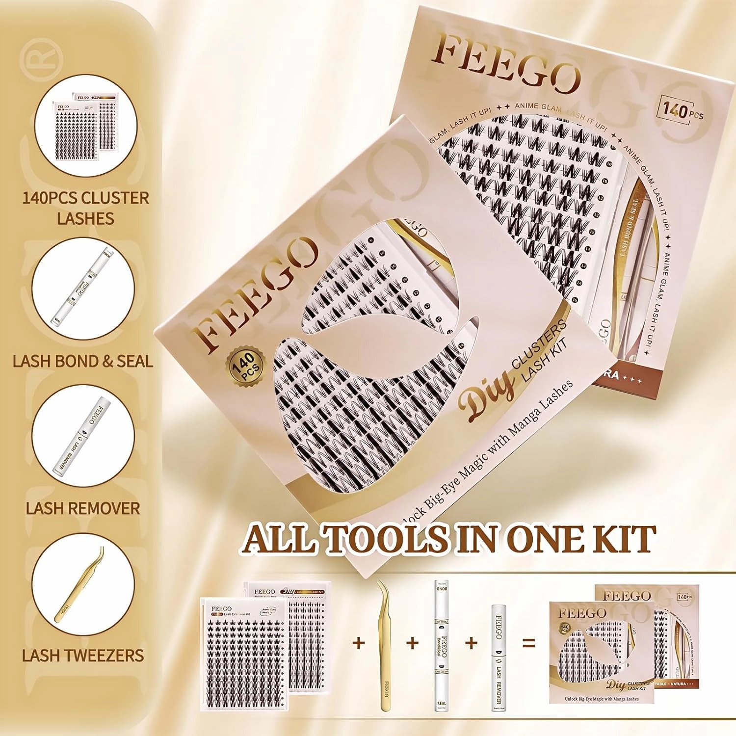 FEEGO Natural Lash Extension Kit 168Pcs Lash Clusters Kit Wispy Eyelash Extensions Individual Lashes Extensions with Bond and Seal Lash Glue and Eyelash Extension Tweezers DIY (MAGIC GIRL KIT A)
