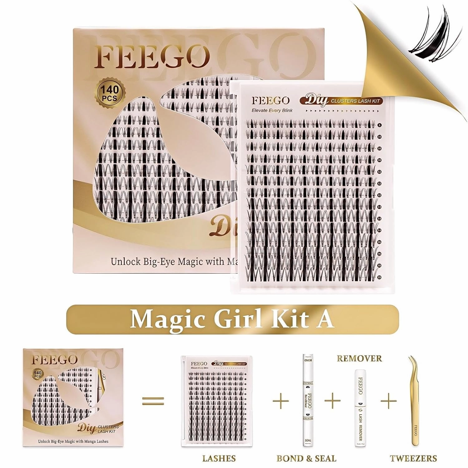 FEEGO Natural Lash Extension Kit 168Pcs Lash Clusters Kit Wispy Eyelash Extensions Individual Lashes Extensions with Bond and Seal Lash Glue and Eyelash Extension Tweezers DIY (MAGIC GIRL KIT A)