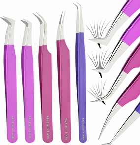 Fiber Tip Lash Tweezers Eyelash Extension Tweezers set for Lash Extensions Precision Boot Volume Eye lash Extensions Tweezers Steel Curved Isolation Tweezer fiber grip tweezers (5pcs)