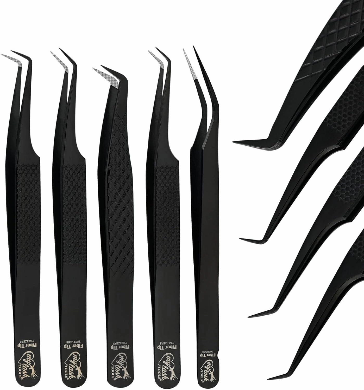 Fiber Tip Lash Tweezers for Eyelash Extensions Tweezers Professional Lashing Tweezers, 5Pcs Stainless Steel Boot Volume Eye Lash Tweezer for Lash Experts and Personal Use (Black)