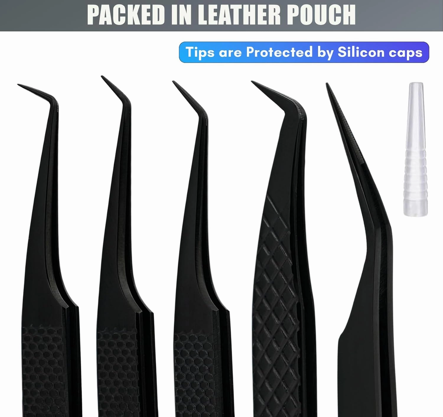 Fiber Tip Lash Tweezers for Eyelash Extensions Tweezers Professional Lashing Tweezers, 5Pcs Stainless Steel Boot Volume Eye Lash Tweezer for Lash Experts and Personal Use (Black)