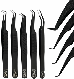 Fiber Tip Lash Tweezers for Eyelash Extensions Tweezers Professional Lashing Tweezers, 5Pcs Stainless Steel Boot Volume Eye Lash Tweezer for Lash Experts and Personal Use (Black)