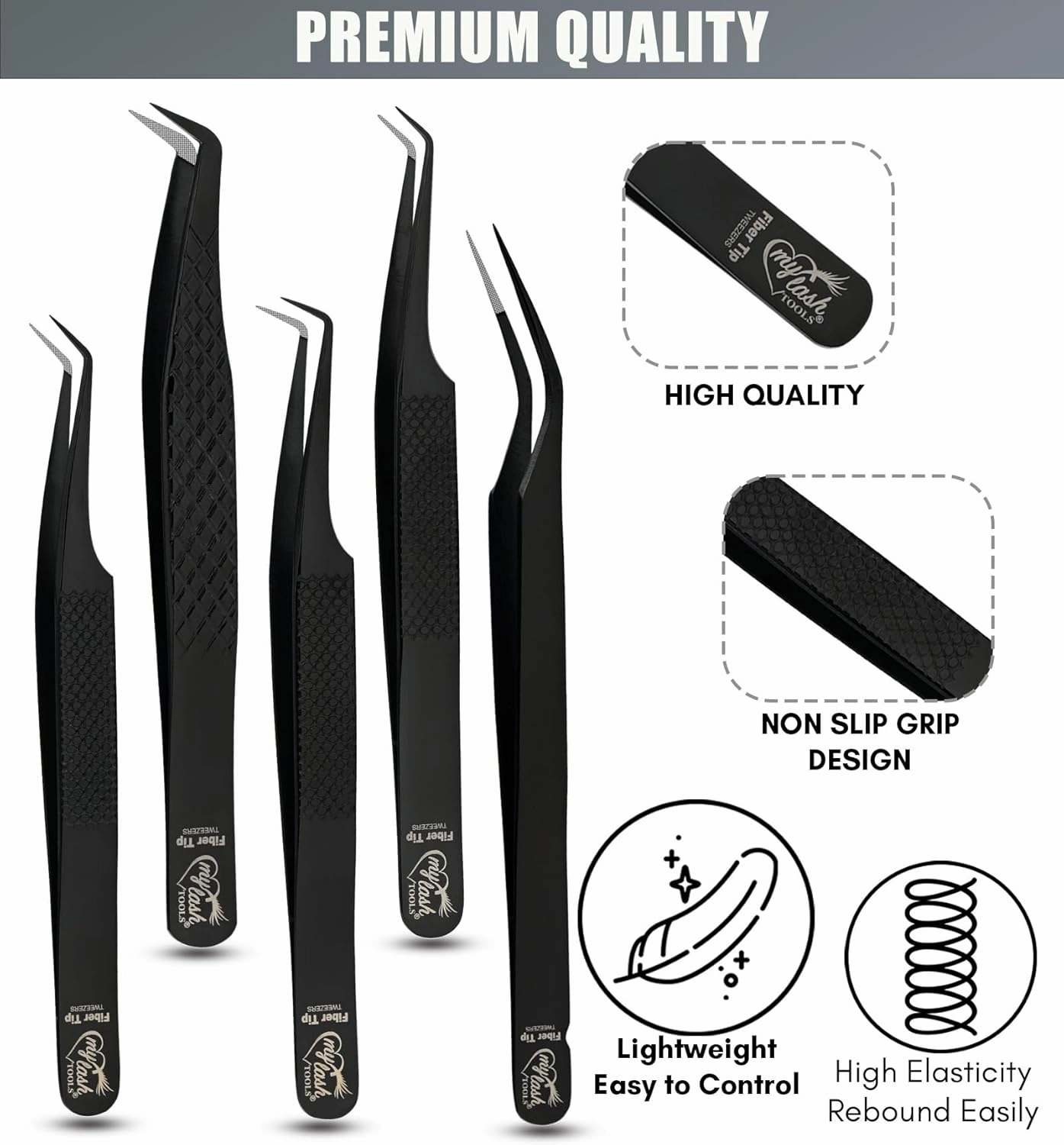 Fiber Tip Lash Tweezers for Eyelash Extensions Tweezers Professional Lashing Tweezers, 5Pcs Stainless Steel Boot Volume Eye Lash Tweezer for Lash Experts and Personal Use (Black)