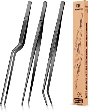 Fine Cooking Tweezers Set, Professional Stainless Steel Food Tongs, Kitchen Black Long Chef Tweezer for Cooking, Plating, Decorating and BBQ (BLACK, 10 inch)