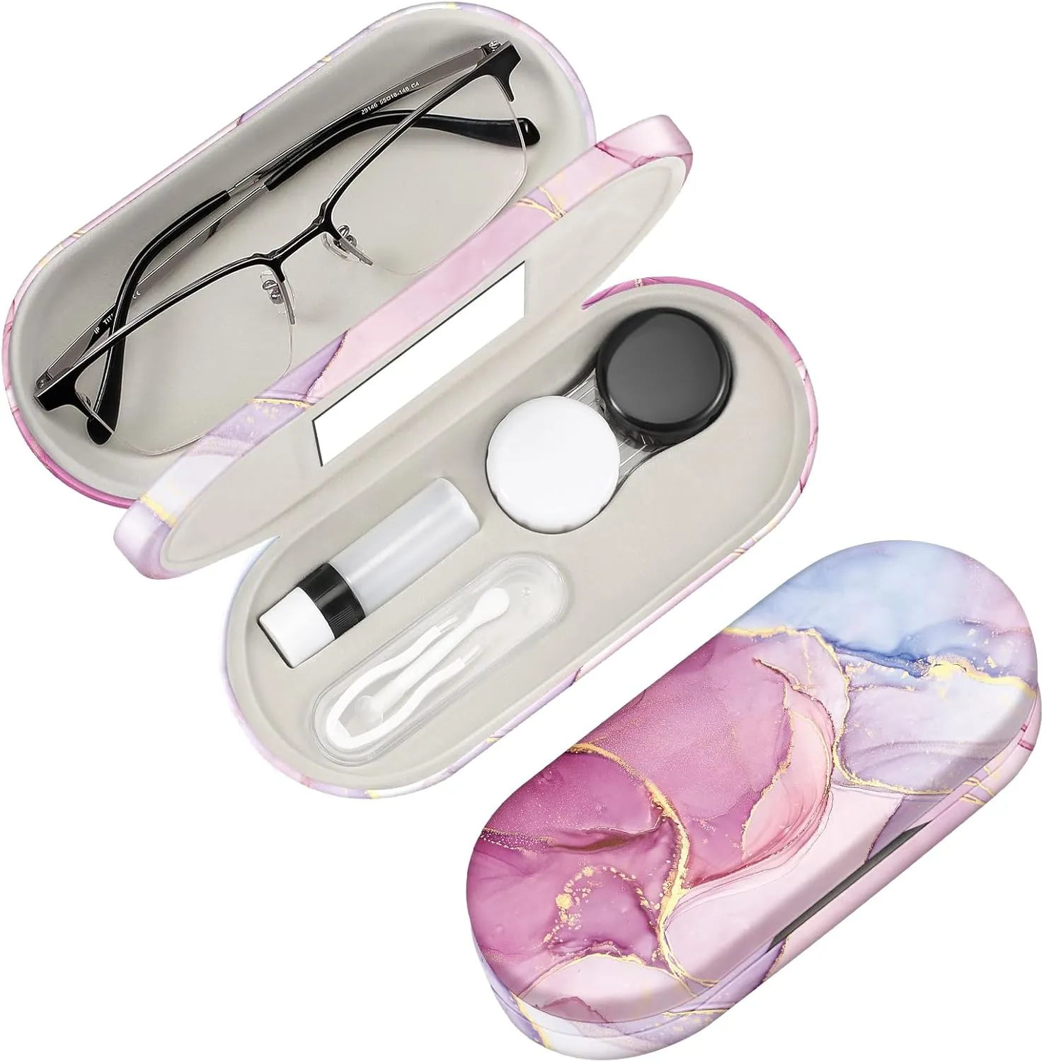 Fintie 2 in 1 Contact Lens Case and Eyeglasses Case, Double Sided Portable Eyeglasses Travel Holder with Built-in Mirror, Tweezer and Contact Lens Solution Bottle Included