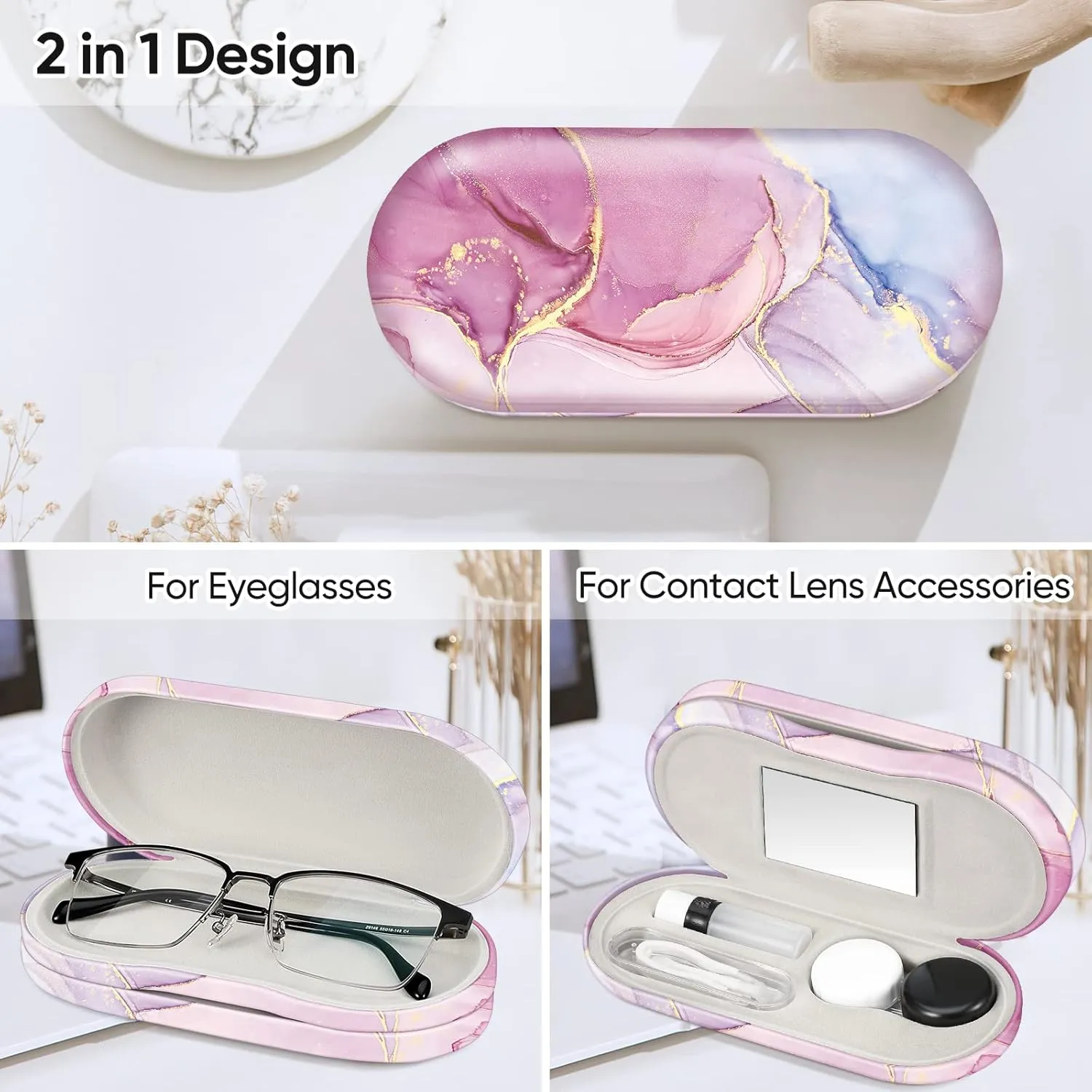 Fintie 2 in 1 Contact Lens Case and Eyeglasses Case, Double Sided Portable Eyeglasses Travel Holder with Built-in Mirror, Tweezer and Contact Lens Solution Bottle Included