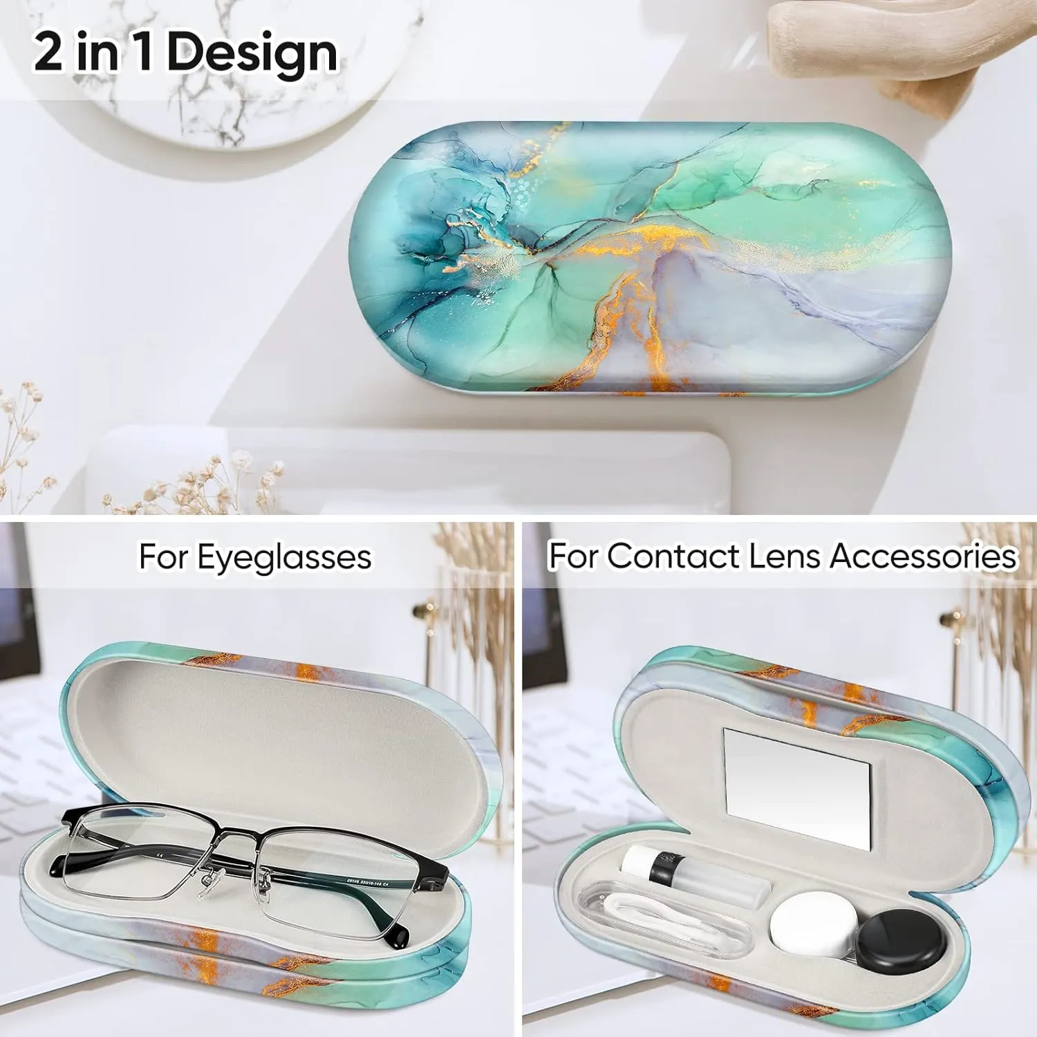 Fintie 2 in 1 Contact Lens Case and Eyeglasses Case, Double Sided Portable Eyeglasses Travel Holder with Built-in Mirror, Tweezer and Contact Lens Solution Bottle Included
