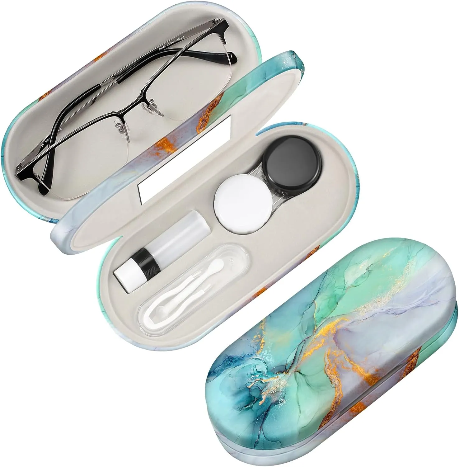 Fintie 2 in 1 Contact Lens Case and Eyeglasses Case, Double Sided Portable Eyeglasses Travel Holder with Built-in Mirror, Tweezer and Contact Lens Solution Bottle Included