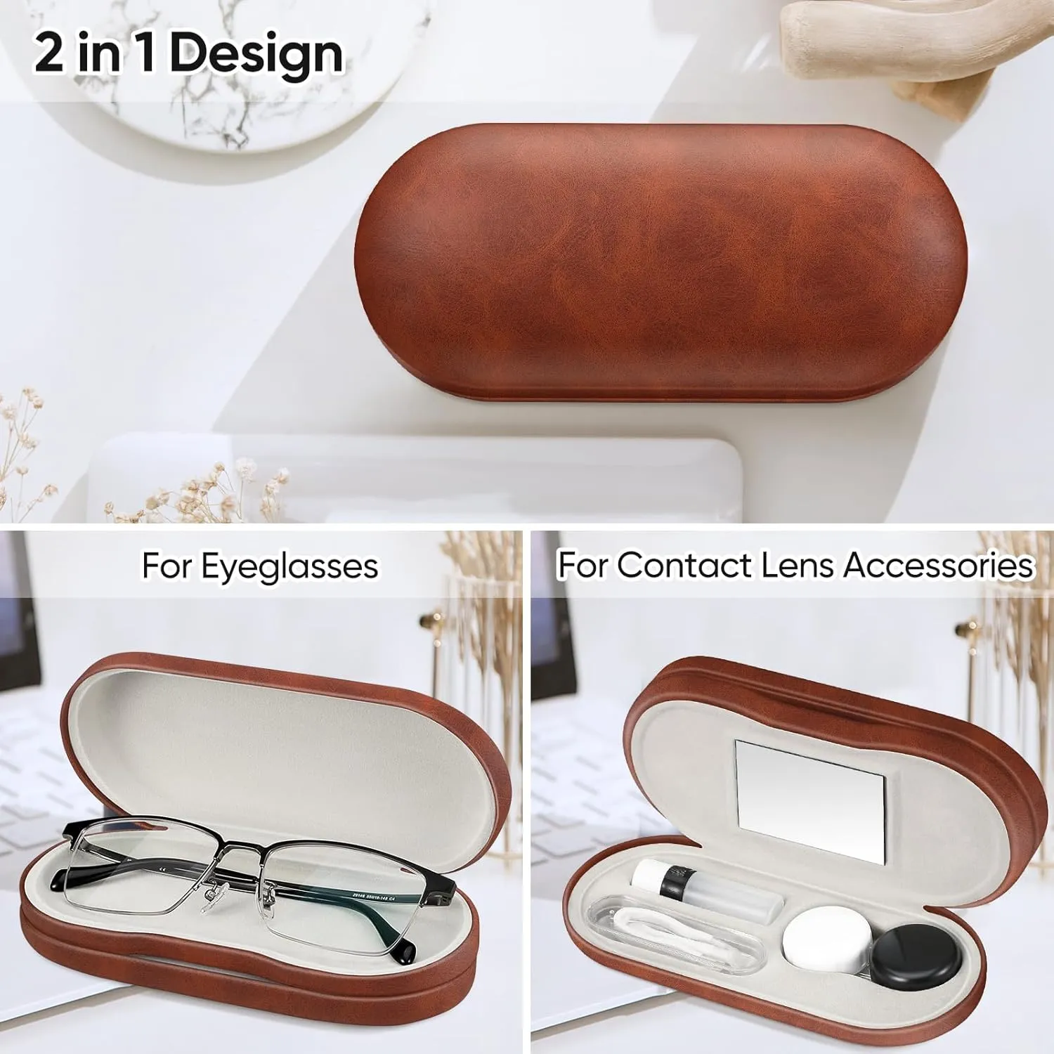 Fintie 2 in 1 Contact Lens Case and Eyeglasses Case, Double Sided Portable Eyeglasses Travel Holder with Built-in Mirror, Tweezer and Contact Lens Solution Bottle Included