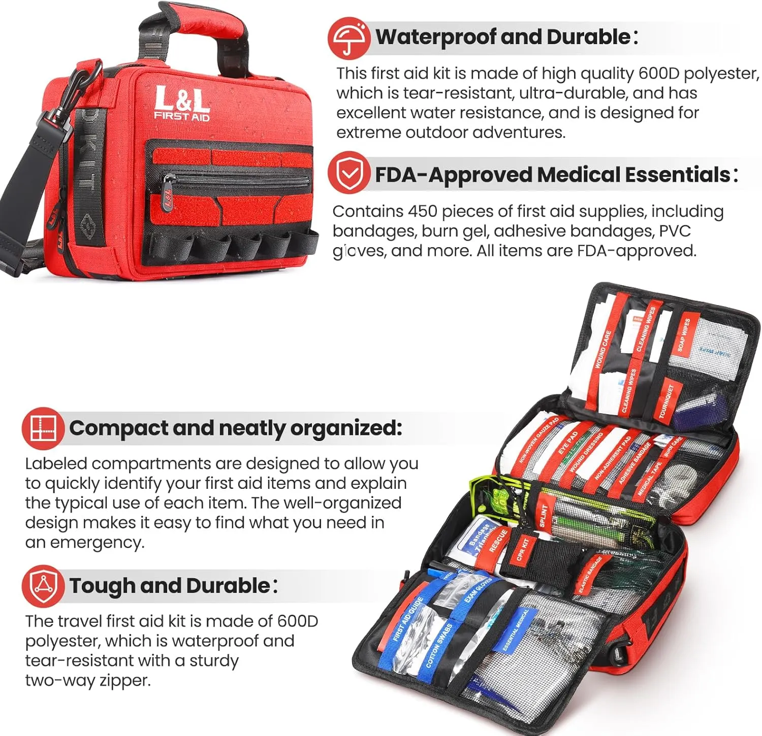 First Aid Kit for Car Home Travel Businesses,Survival Gear First Aid,First Aid Kit Survival,Waterproof Emergency Medical Kit for Outdoor Vehicles Camping Hiking Boating Office