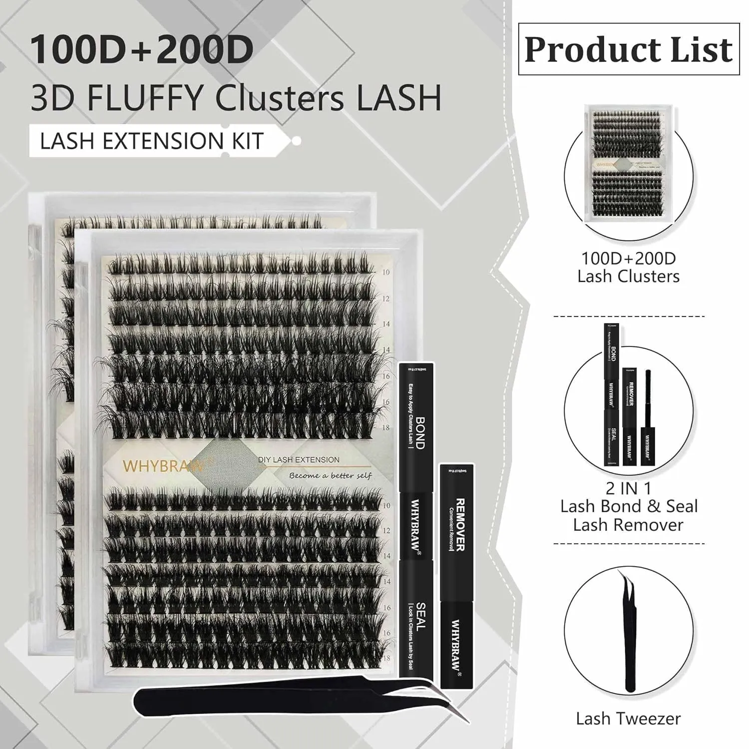 Fluffy Lash Clusters WHYBRAW 100D 200D DIY Lash Extension Kit with Lash Bond Lash Seal Lash Remover Lash Applicator 280 Pcs Volume Cluster Eyelash Extension Thick Eyelash Extension 12-18mm