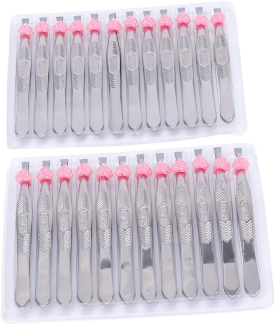 FRCOLOR 24PCS Flat Tip Stainless Steel Eyebrow Tweezers for Removal and Makeup Safe and Convenient Design for Professional Grooming and Travel