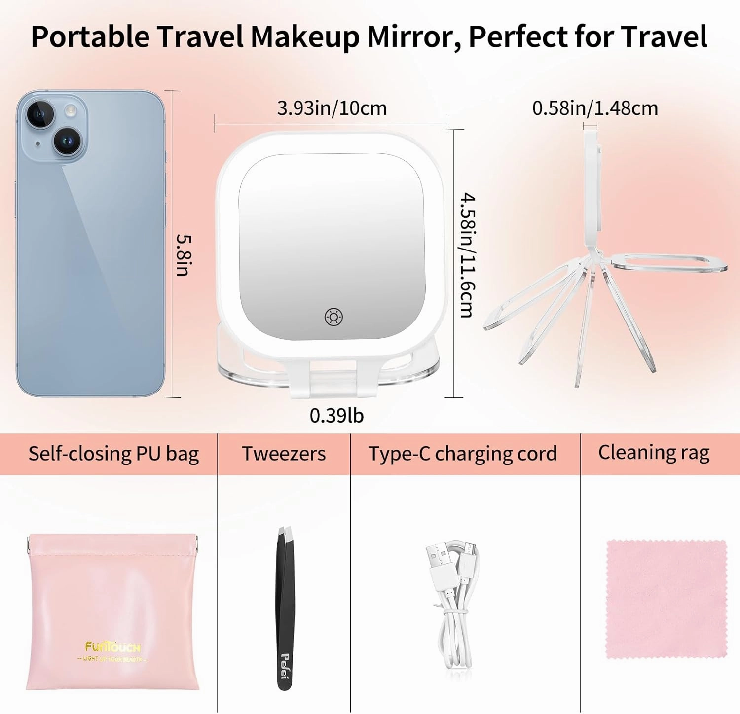 FUNTOUCH Travel Makeup Mirror with Light, 1X/20X Magnifying Mirror Set with 3 Light Settings & Adjustable Brightness,Rechargeable Folding Compact Double Sides Mirror for Home and Travel, White