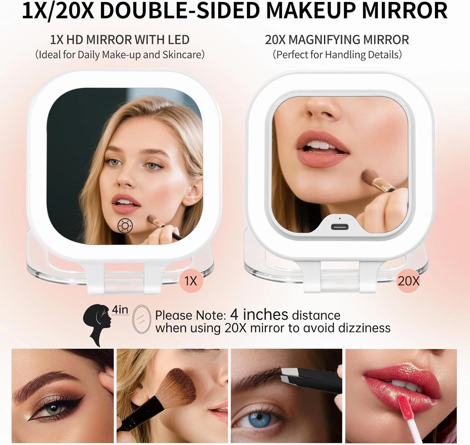 FUNTOUCH Travel Makeup Mirror with Light, 1X/20X Magnifying Mirror Set with 3 Light Settings & Adjustable Brightness,Rechargeable Folding Compact Double Sides Mirror for Home and Travel, White
