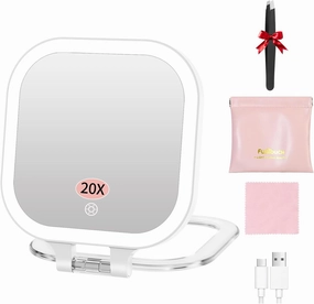 FUNTOUCH Travel Makeup Mirror with Light, 1X/20X Magnifying Mirror Set with 3 Light Settings & Adjustable Brightness,Rechargeable Folding Compact Double Sides Mirror for Home and Travel, White