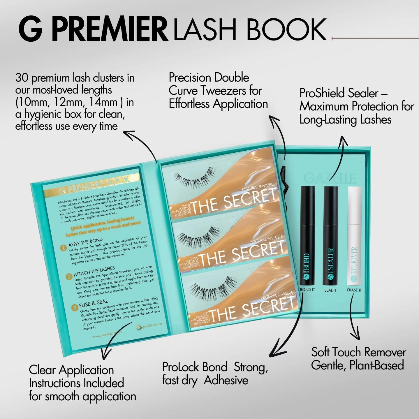 GAZELLE Lash Cluster Kit with Bond, Sealer, Remover & Tweezer – 3-Pack DIY Eyelash Extensions (10-12-14mm) – Wispy Korean PBT Lashes, Reusable, Salon-Style at Home, Lasts 10 Days, 30 Lashes