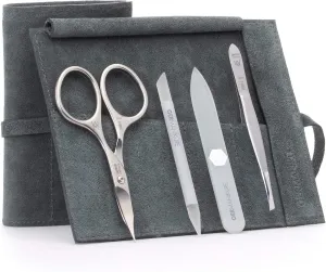 GERMANIKURE 4pc Mini Professional Manicure Set in Light Gray Suede Case - FINOX Stainless Steel Tools Made in Solingen Germany, Glass Nail Care Supplies Made in Czech Republic