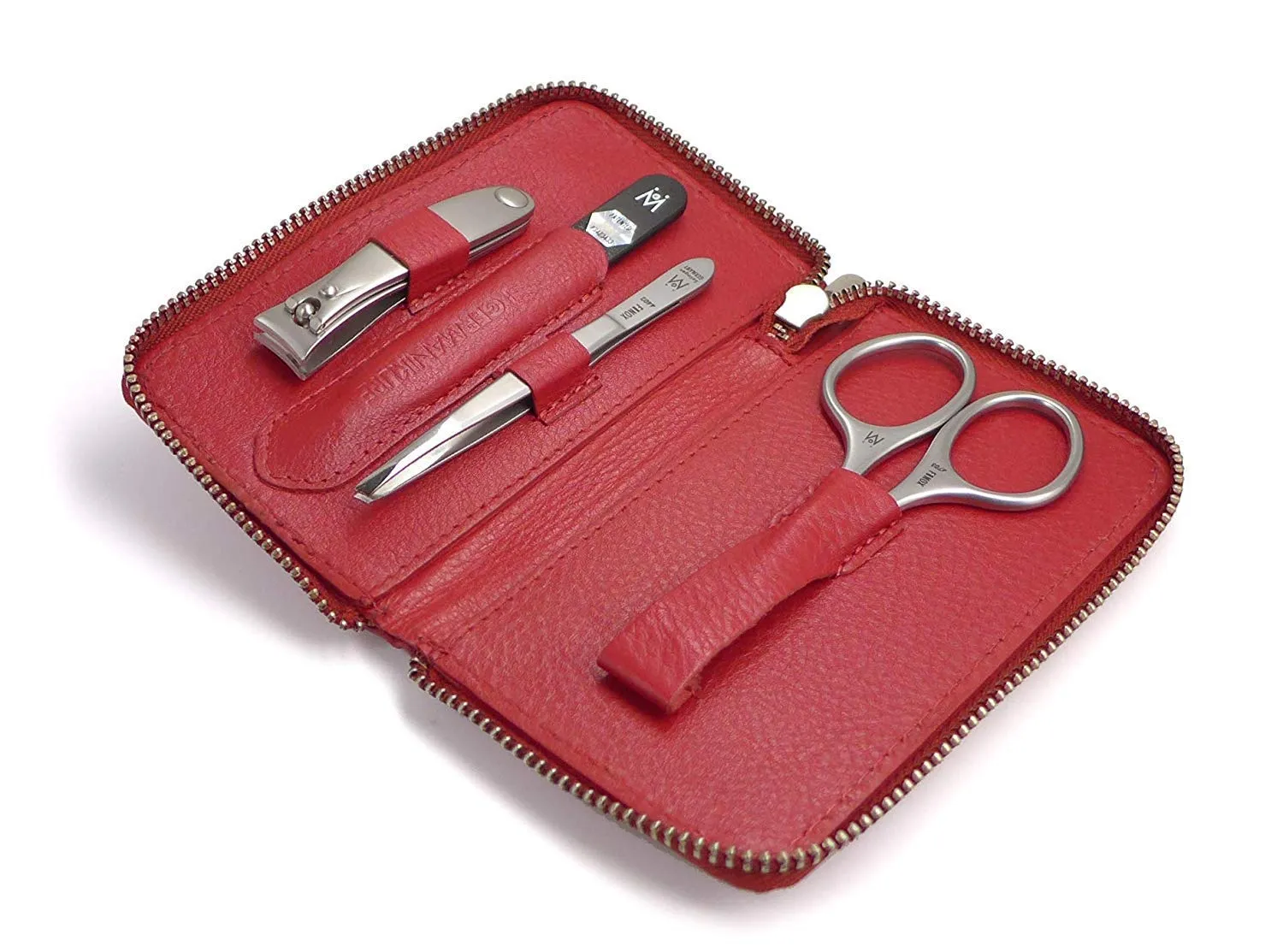 GERMANIKURE 4pc Travel Manicure Set - FINOX Stainless steel tools handmade in Solingen Germany: Nail clipper, Cuticle scissor, Tweezer, Glass Nail file in Leather Case