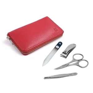 GERMANIKURE 4pc Travel Manicure Set - FINOX Stainless steel tools handmade in Solingen Germany: Nail clipper, Cuticle scissor, Tweezer, Glass Nail file in Leather Case