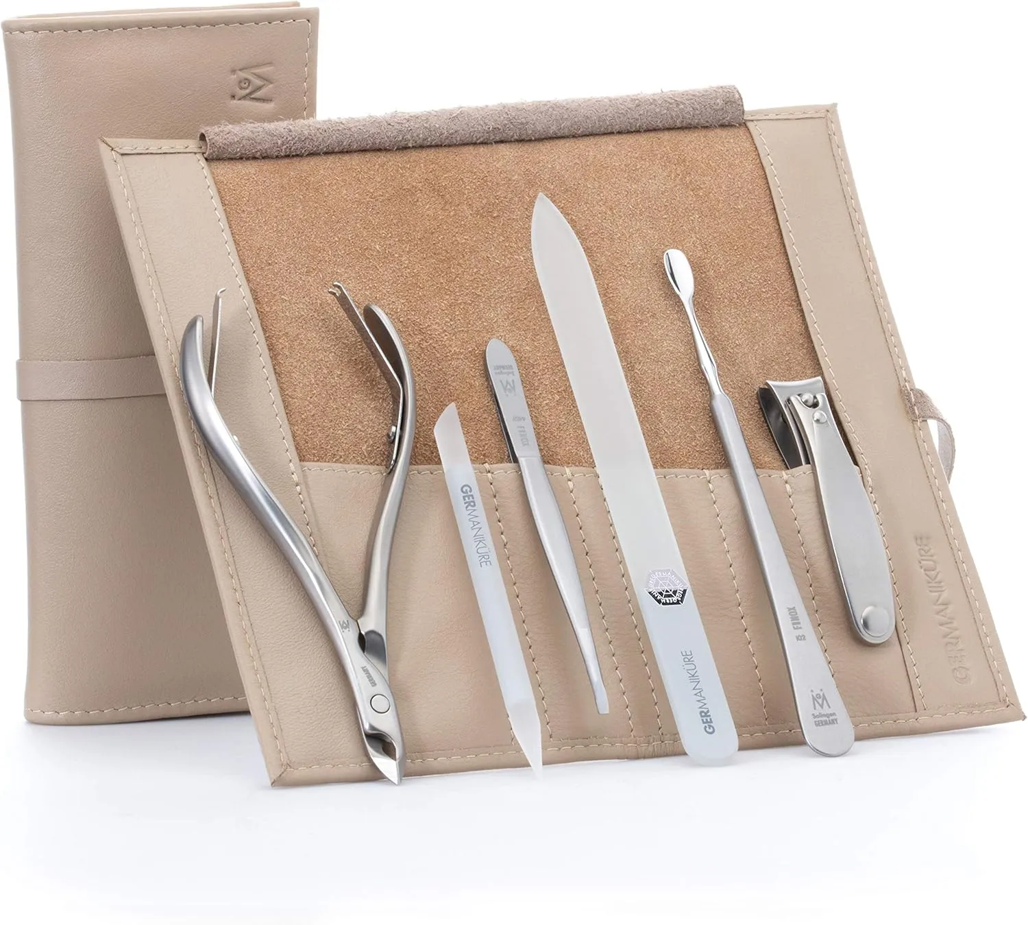 GERMANIKURE 6pc Manicure Set in Beige Leather Case - FINOX Stainless Steel Tools Made in Germany, Glass Nail Care Supplies Made in Czech Republic – Professional Cuticle and Nail Care Kit