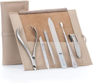 GERMANIKURE 6pc Manicure Set in Beige Leather Case - FINOX Stainless Steel Tools Made in Germany, Glass Nail Care Supplies Made in Czech Republic – Professional Cuticle and Nail Care Kit