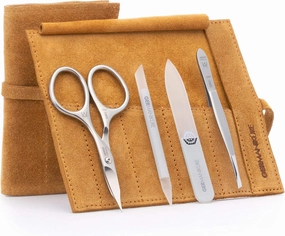 GERMANIKURE 4pc Mini Professional Manicure Set in Mustard Yellow Suede Case - FINOX Stainless Steel Tools Made in Solingen Germany, Glass Nail Care Supplies Made in Czech Republic