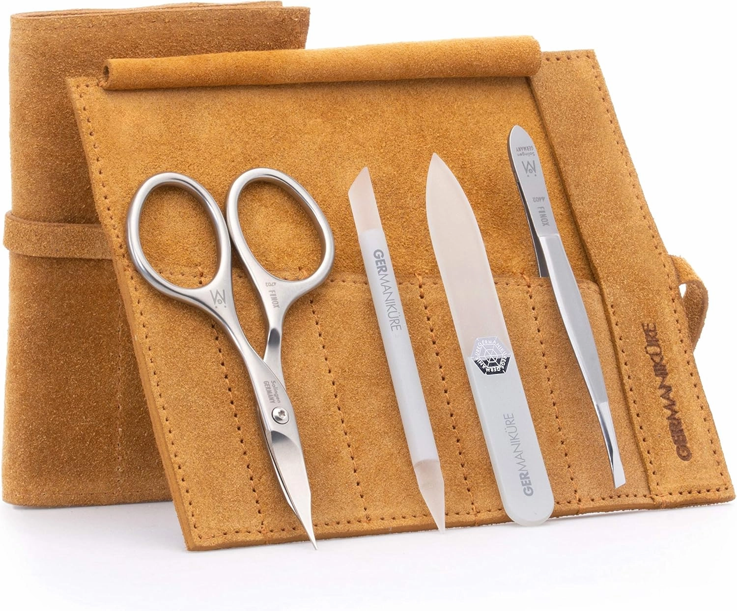 GERMANIKURE 4pc Mini Professional Manicure Set in Mustard Yellow Suede Case - FINOX Stainless Steel Tools Made in Solingen Germany, Glass Nail Care Supplies Made in Czech Republic
