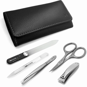 GERMANIKURE 5pc Manicure Set - Handmade in Solingen Germany, FINOX Stainless Steel: Nail Clipper, Combination Scissor, Slanted Tweezer, Czech Glass Nail File and Cuticle Stick in Leather Case